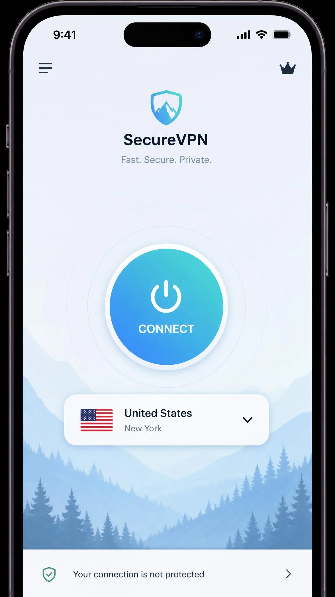 iPhone VPN app home screen showing a large connect button in the center and a server location selector labeled with a country flag just below it.