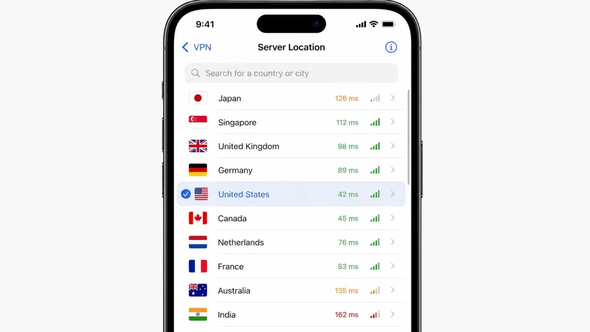 iPhone VPN app screen showing a scrollable list of server countries with flags and connection latency, one location highlighted as selected.