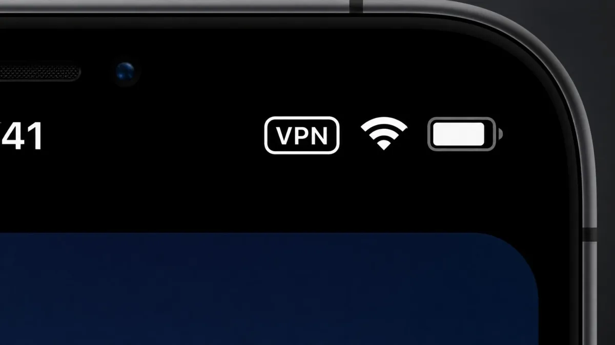 Close-up of an iPhone status bar showing the small VPN indicator active next to the Wi-Fi and battery icons, confirming an encrypted connection is running.
