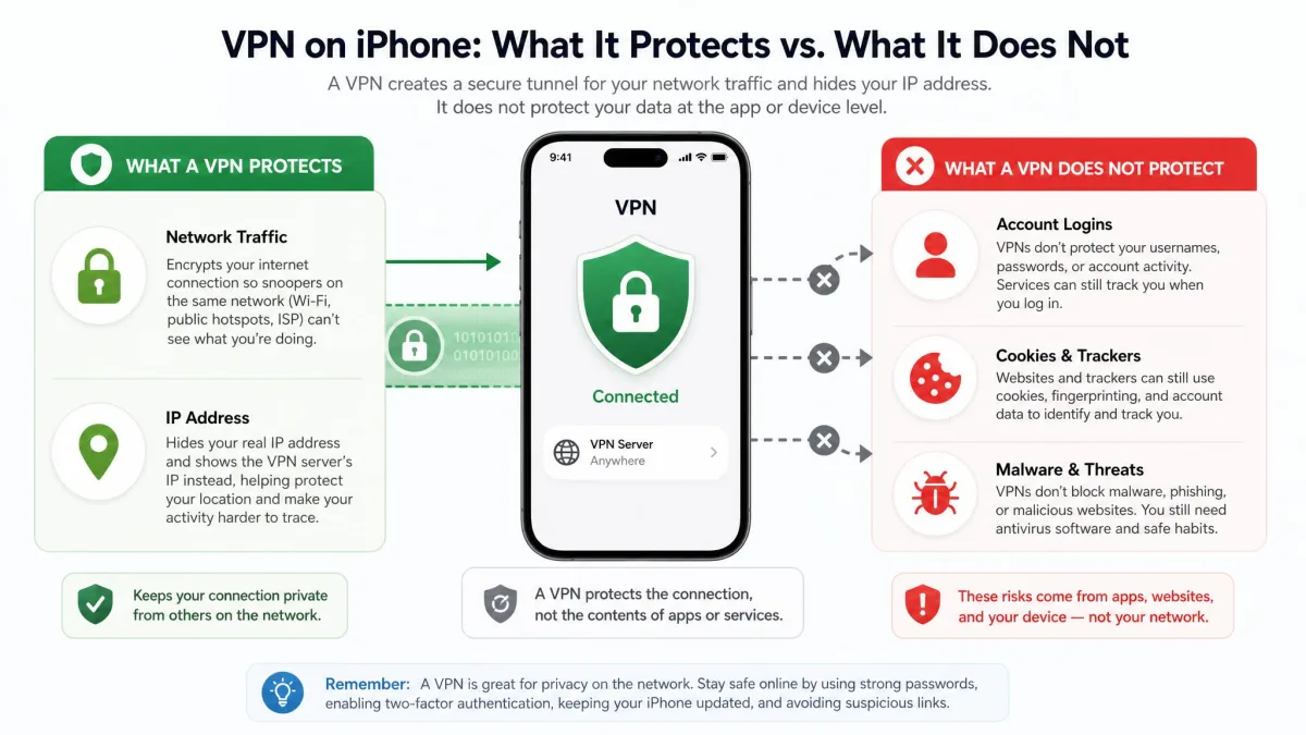 Illustration contrasting what a VPN protects on iPhone, such as network traffic and IP address, against what it does not, such as account logins, cookies, and malware.