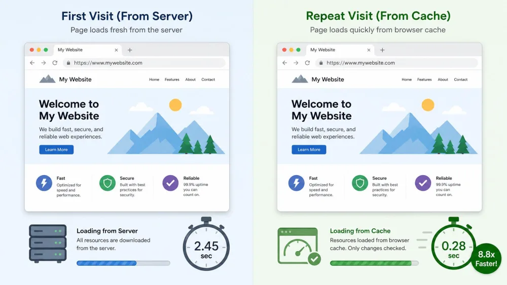 A side-by-side comparison of a webpage loading fresh from a server versus loading quickly from browser cache on a repeat visit, with a stopwatch icon highlighting the faster cached load.