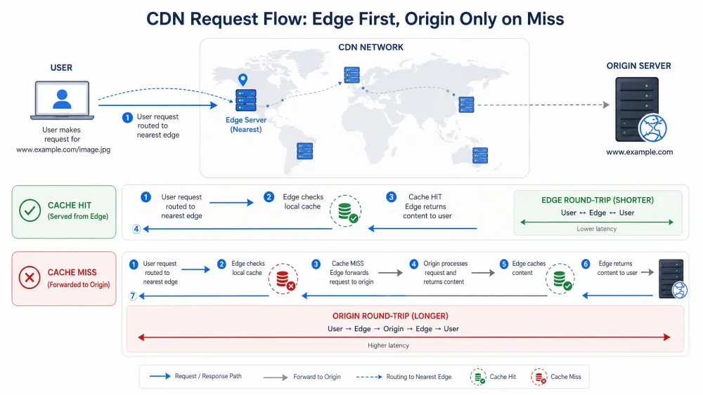 A diagram showing a user request routed to the nearest CDN edge server, the edge checking its local cache, and forwarding to the origin server only on a cache miss, with arrows tracing the shorter edge round-trip versus the longer origin round-trip.
