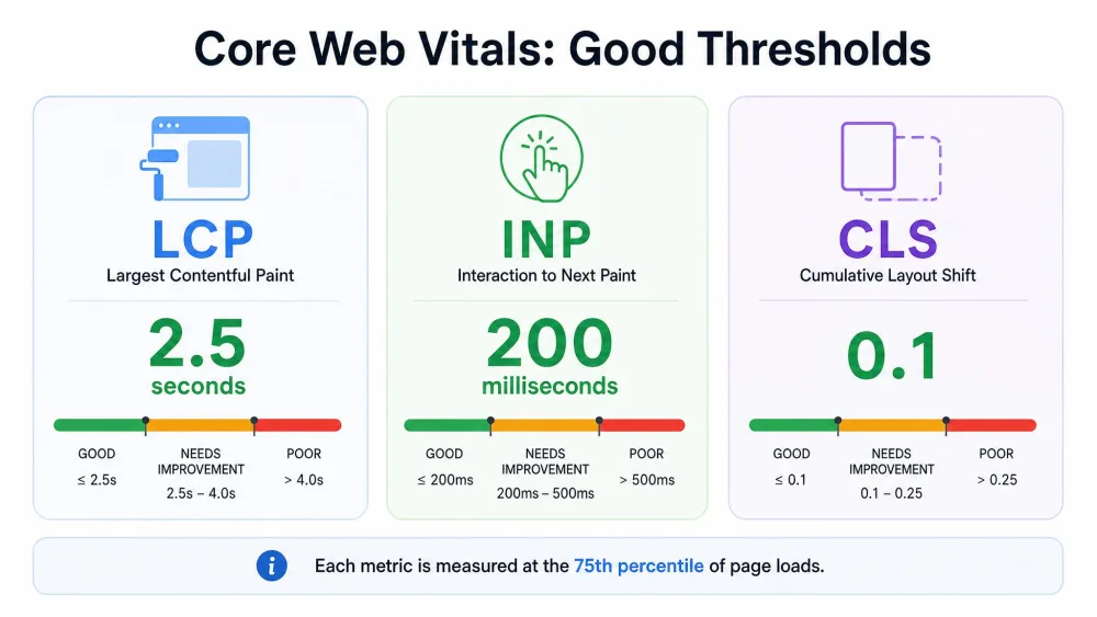 A chart showing the three Core Web Vitals good thresholds side by side, LCP at 2.5 seconds, INP at 200 milliseconds, and CLS at 0.1, with a note that each is measured at the 75th percentile of page loads.