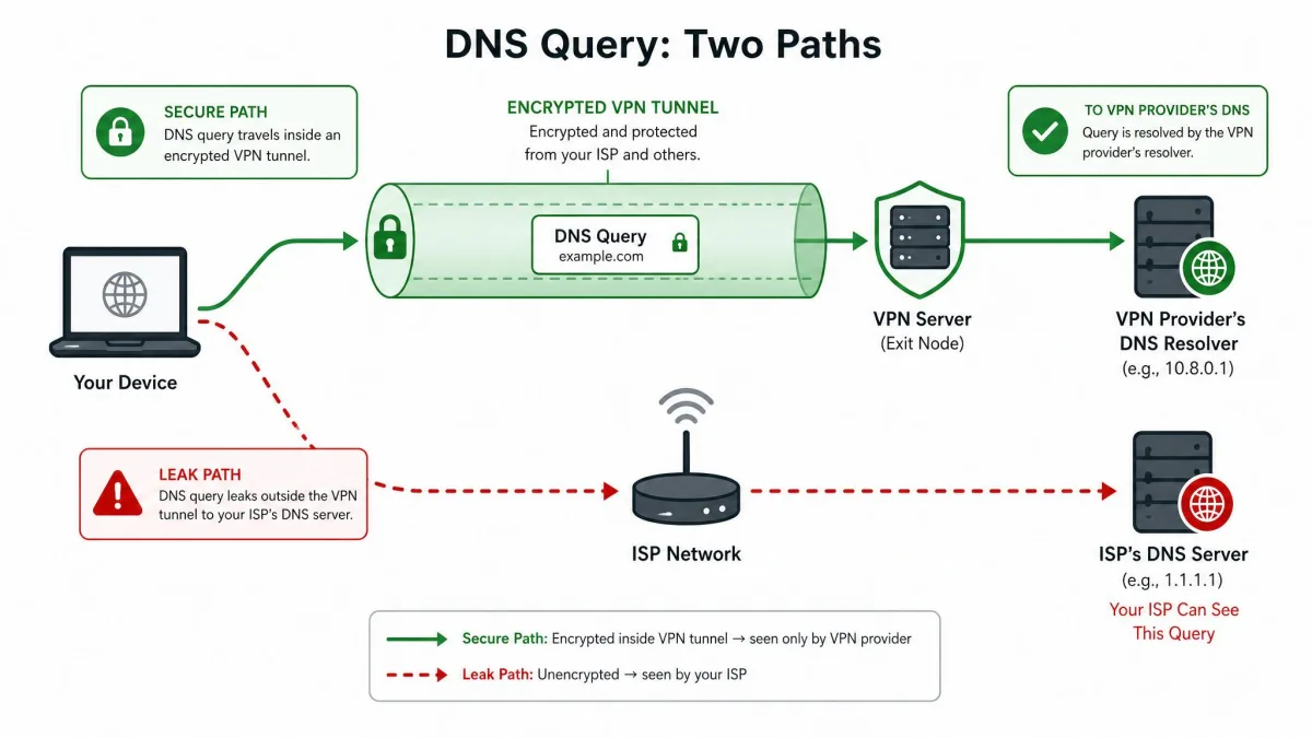 A two-path diagram showing a DNS query traveling safely through an encrypted VPN tunnel to the provider's resolver on one path, and leaking out to the ISP's DNS server on the other path.