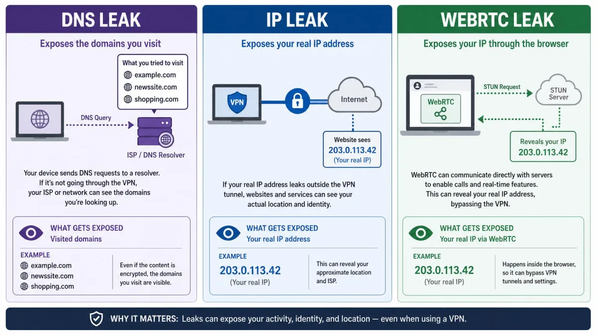 A three-column comparison graphic contrasting a DNS leak exposing visited domains, an IP leak exposing a real IP address, and a WebRTC leak exposing an IP through the browser.
