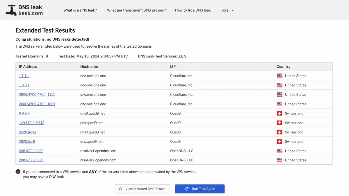 The DNSLeakTest.com extended test results page listing several DNS servers with their hostnames, ISP owners, and country locations after a test completes.