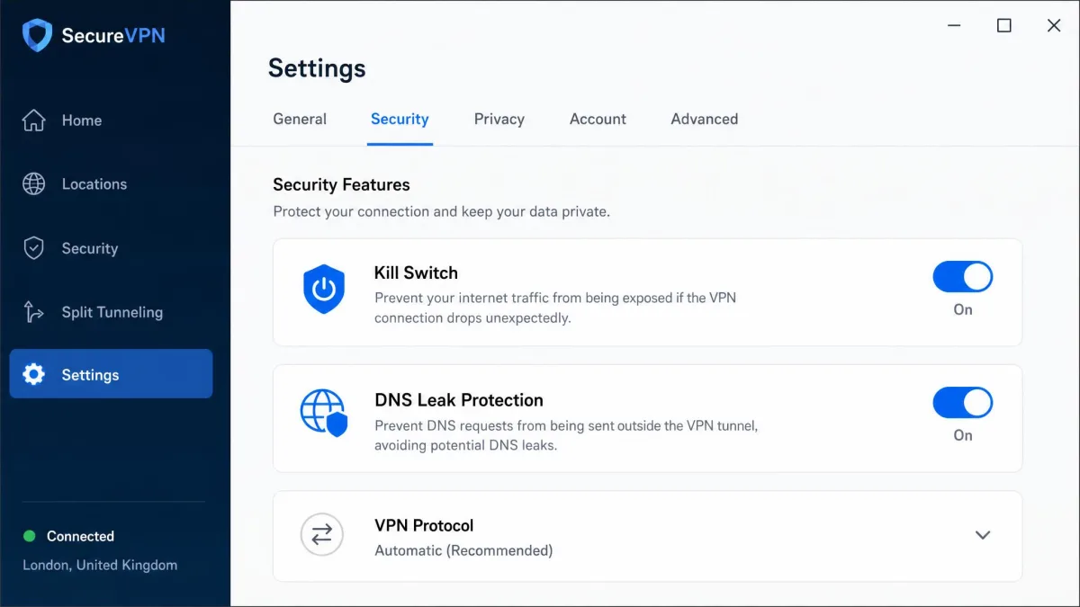 A VPN desktop client settings screen with a kill switch toggle and a DNS leak protection option both switched on.