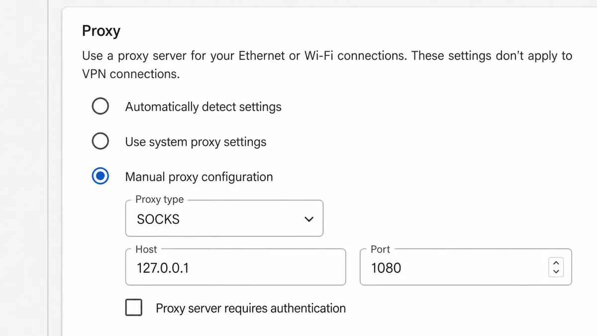 Close-up of a browser network settings panel with manual proxy configuration selected, showing SOCKS host and port 1080 filled into the input fields.
