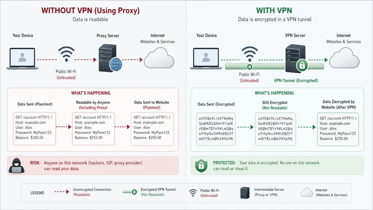 Two traffic paths side by side, one showing readable plaintext data passing through a proxy on public Wi-Fi and one showing scrambled encrypted data inside a VPN tunnel.