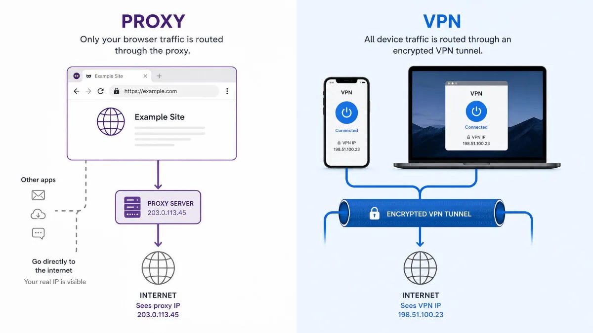 Split illustration contrasting a single browser window routed through a proxy with a whole phone and laptop routed through an encrypted VPN tunnel.