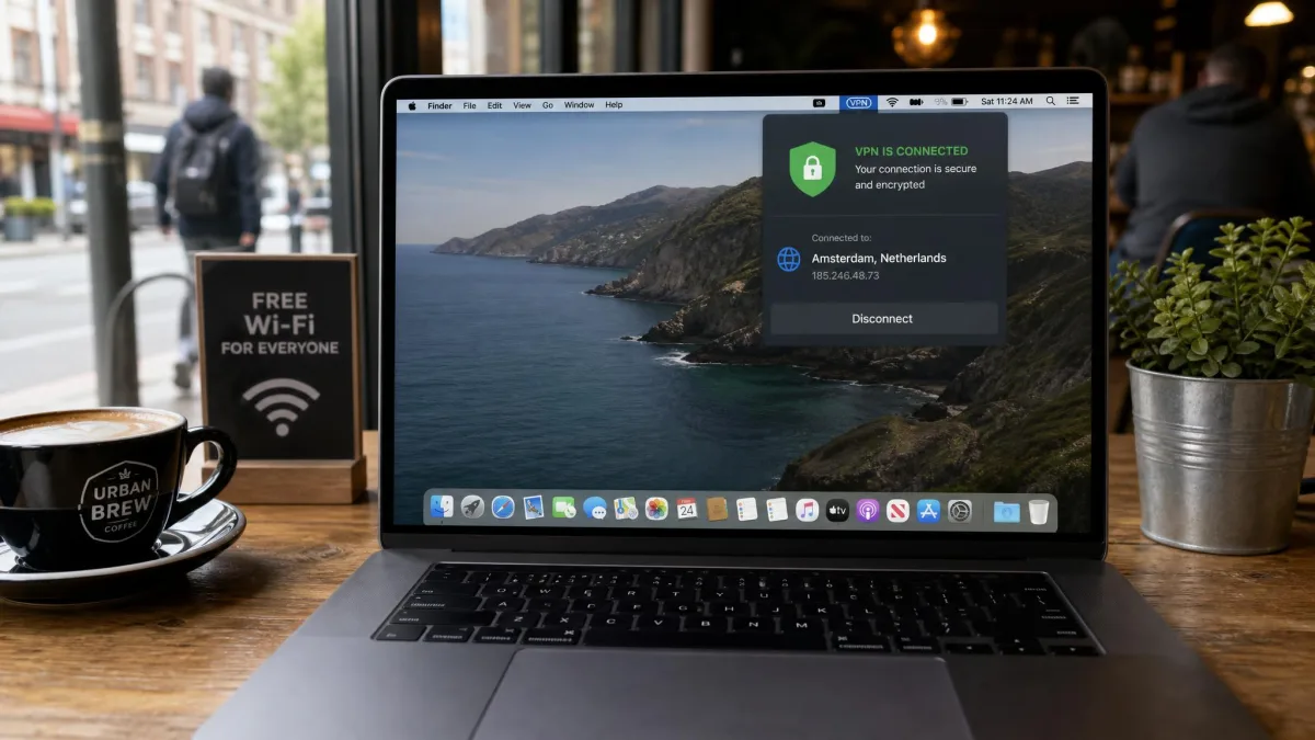 Laptop on a cafe table connected to an open public Wi-Fi network, with a VPN client in the menu bar showing an active encrypted connection.