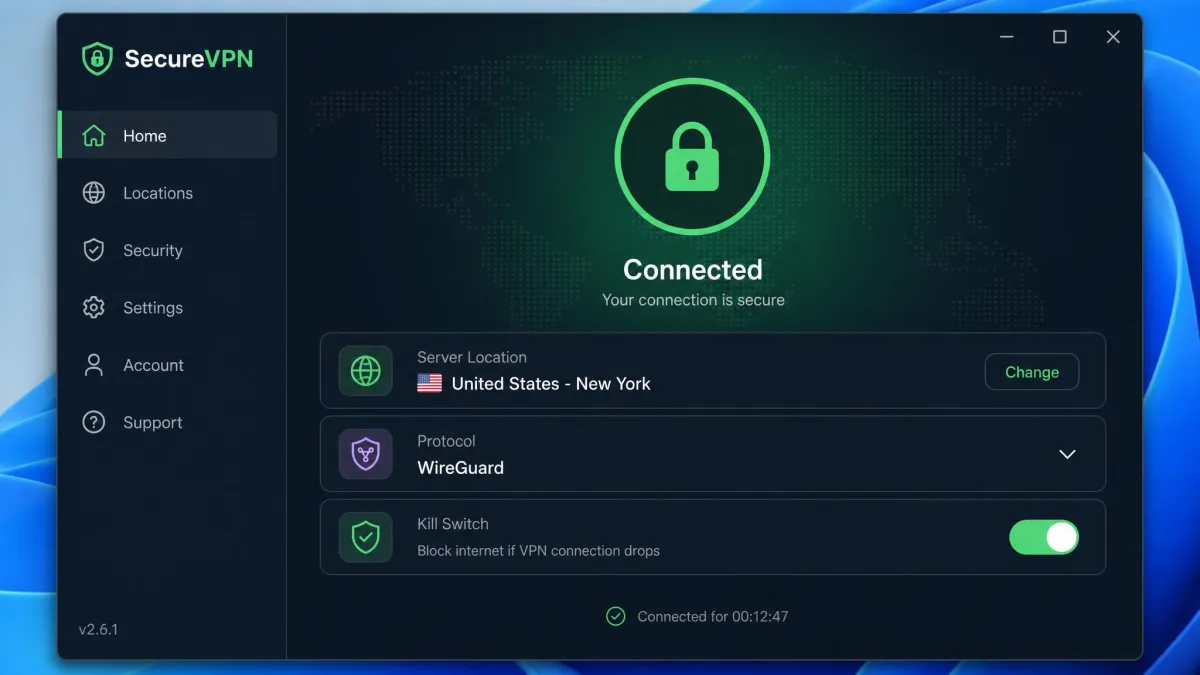 Desktop VPN client window showing a connected status, a chosen server location, protocol set to WireGuard, and the kill switch toggle enabled.