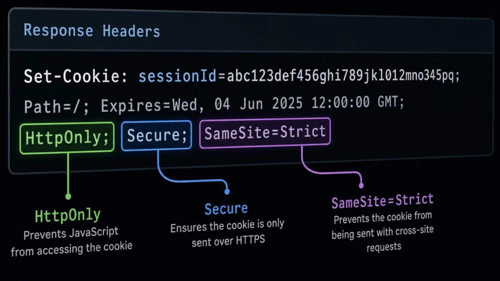 A close-up of a Set-Cookie header showing a session cookie with the HttpOnly, Secure, and SameSite attributes highlighted, illustrating the three security flags that protect a session ID.