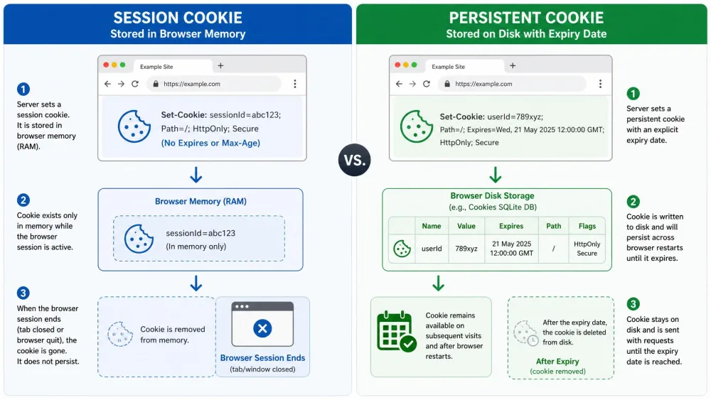 A side-by-side comparison graphic contrasting a session cookie stored in browser memory that vanishes at session end with a persistent cookie written to disk carrying a fixed expiry date.