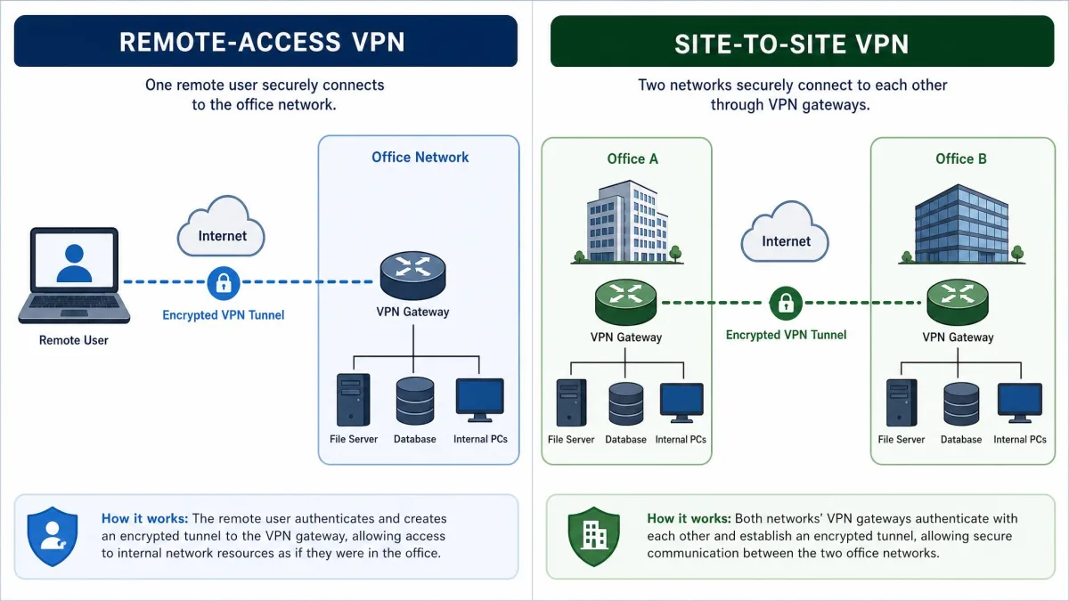 Side-by-side comparison illustration: a remote-access VPN showing one laptop connecting to an office network, and a site-to-site VPN showing two office buildings connected through gateway routers.