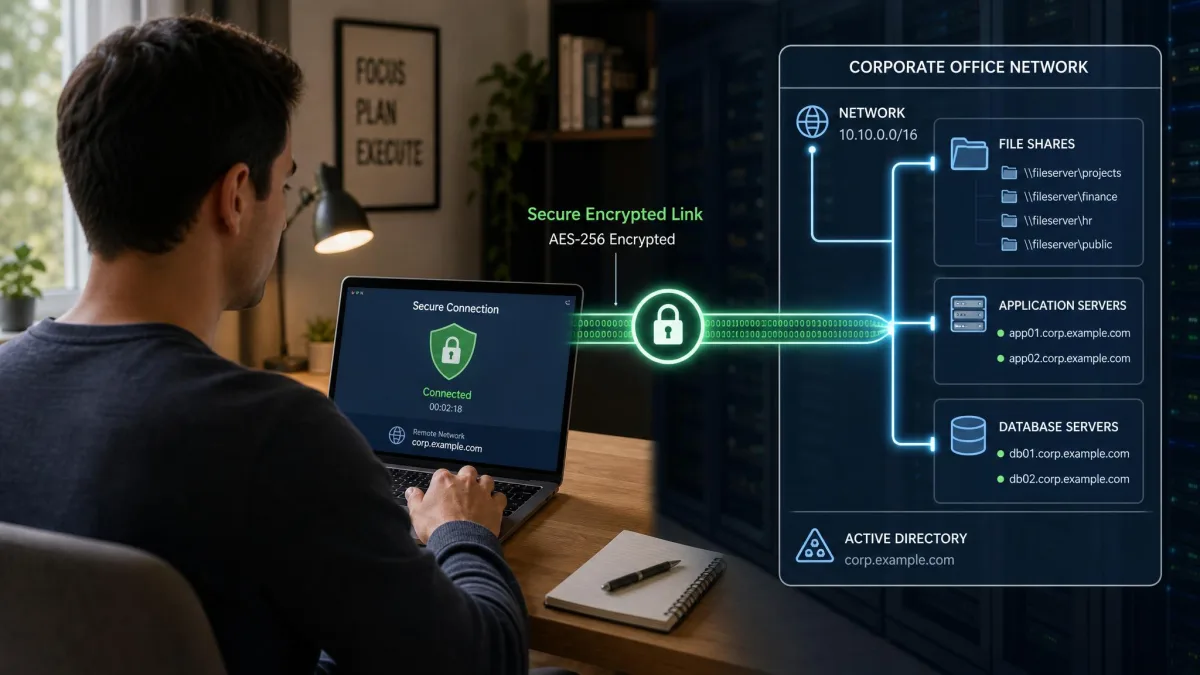 A person working on a laptop at a home desk with a visual overlay showing a secure encrypted link reaching into a corporate office network of servers and file shares.