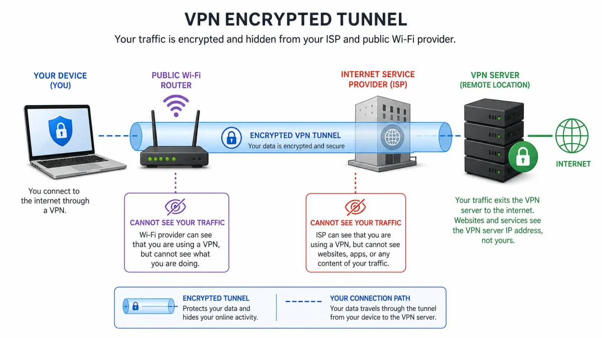 Diagram showing a laptop connecting through an encrypted tunnel to a VPN server, with the tunnel hiding the user's traffic from an internet service provider and public Wi-Fi router along the way.