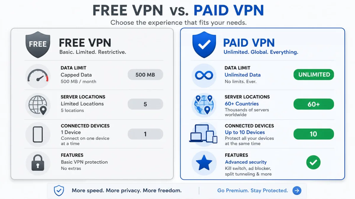 A comparison graphic contrasting a free VPN tier with a capped data meter and few locations against a paid plan showing unlimited data, many server locations, and multiple connected devices.