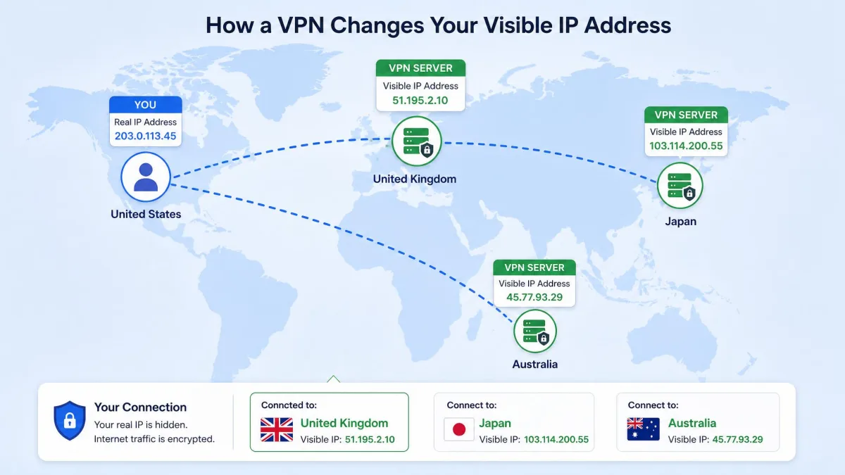 A world map showing a user in one country connecting to VPN servers in three other countries, with the visible IP address changing to match the chosen server location.