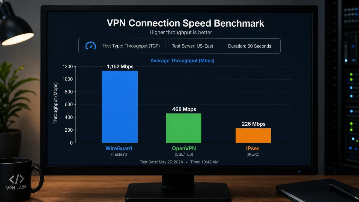 A bar chart on a monitor comparing connection speeds across WireGuard, OpenVPN, and IPsec, with WireGuard showing the fastest throughput during a benchmark test.