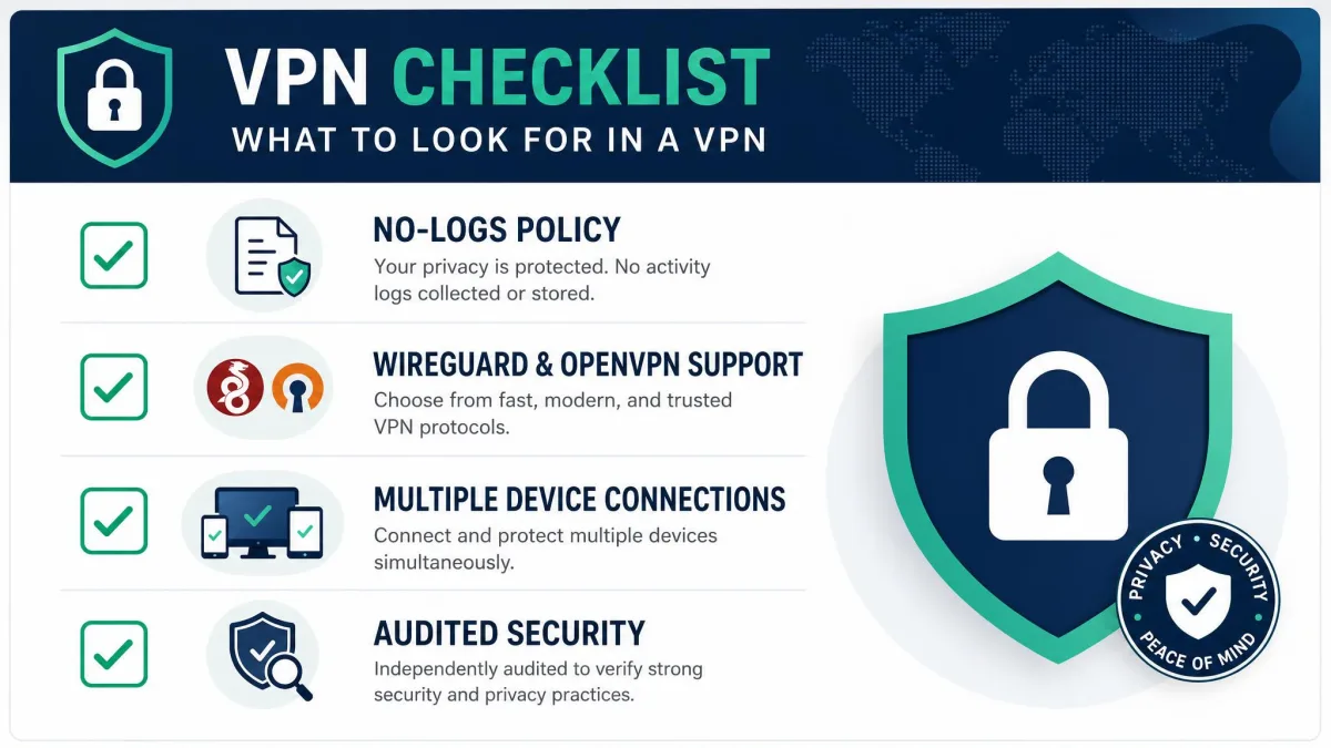 A checklist graphic for choosing a VPN showing ticked items for no-logs policy, WireGuard and OpenVPN support, multiple device connections, and audited security.