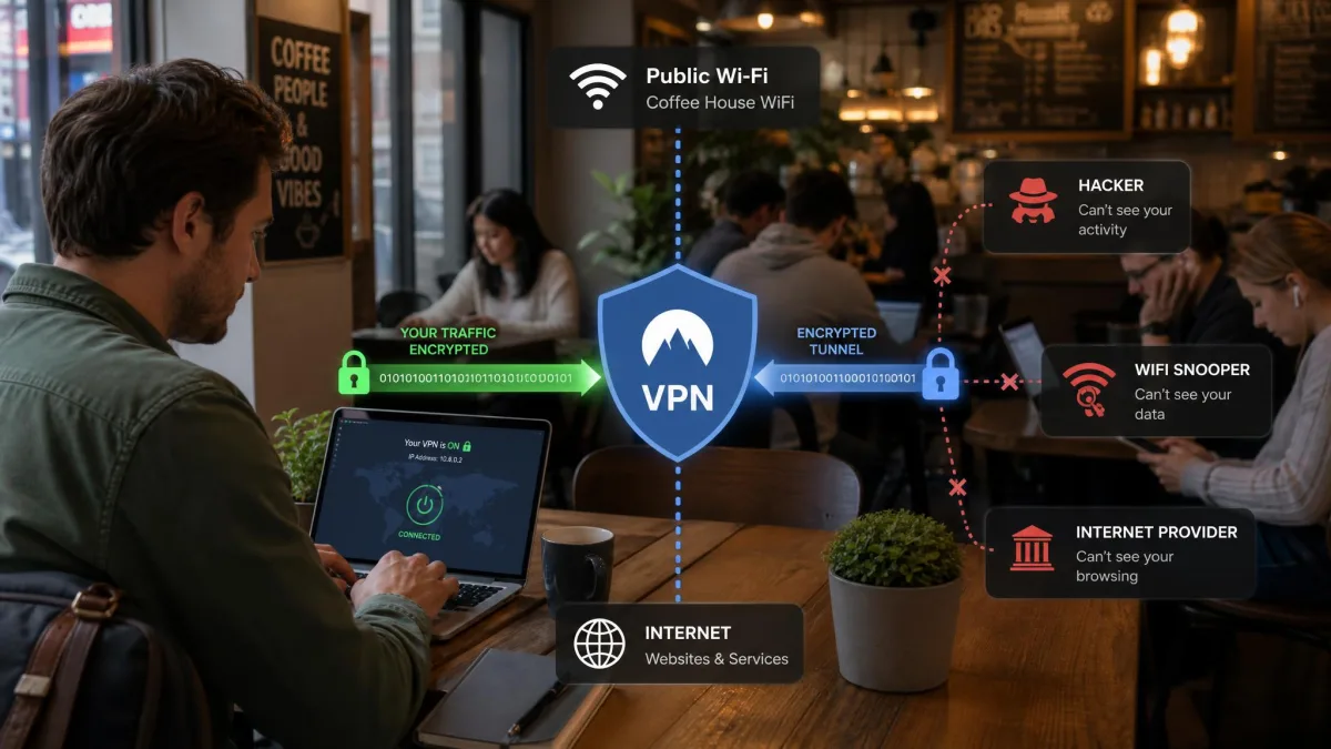 A traveler using a laptop in a busy cafe connected to public Wi-Fi, with a shield icon showing the VPN encrypting their traffic against other users on the same network.