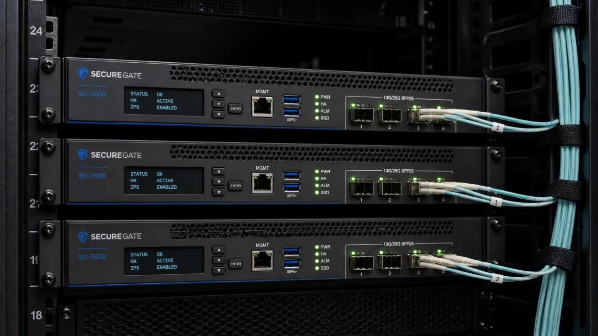 Three rack-mounted enterprise security appliances in a data center cabinet, front panels showing fiber uplink ports with green link lights and cabling routed to the side.