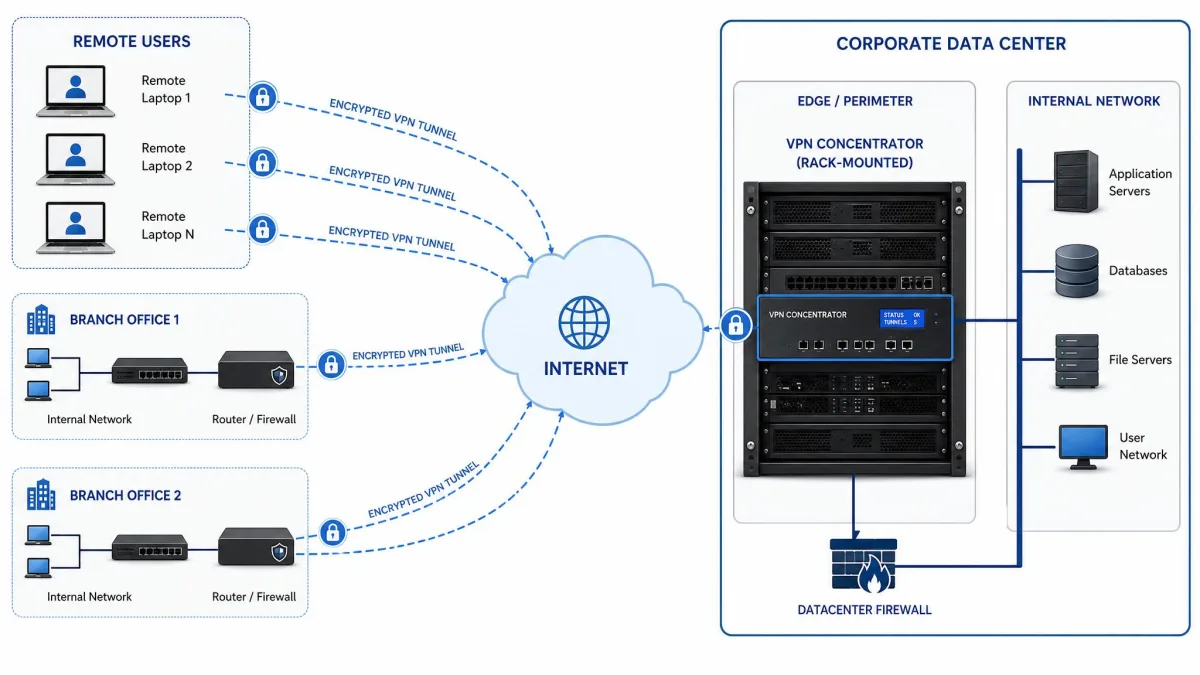 Network diagram showing remote laptops and two branch offices connecting through encrypted tunnels into a rack-mounted VPN concentrator at the edge of a corporate data center.