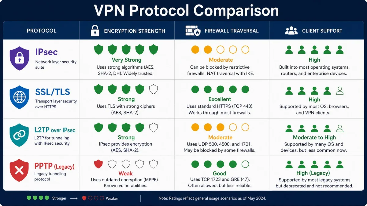 Comparison chart of four VPN protocols, IPsec, SSL/TLS, L2TP over IPsec, and legacy PPTP, with columns for encryption strength, firewall traversal, and client support.