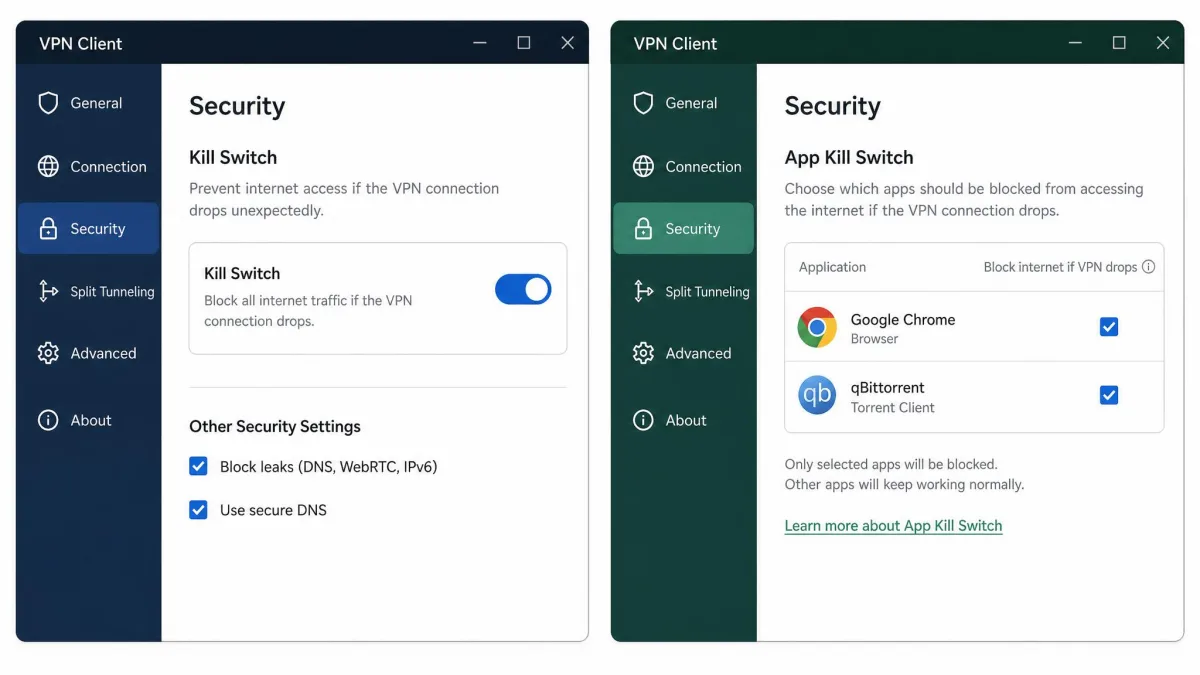 Side-by-side VPN client settings panels, one showing a single system-wide kill switch toggle and the other showing a per-app list with checkboxes beside a browser and a torrent client.