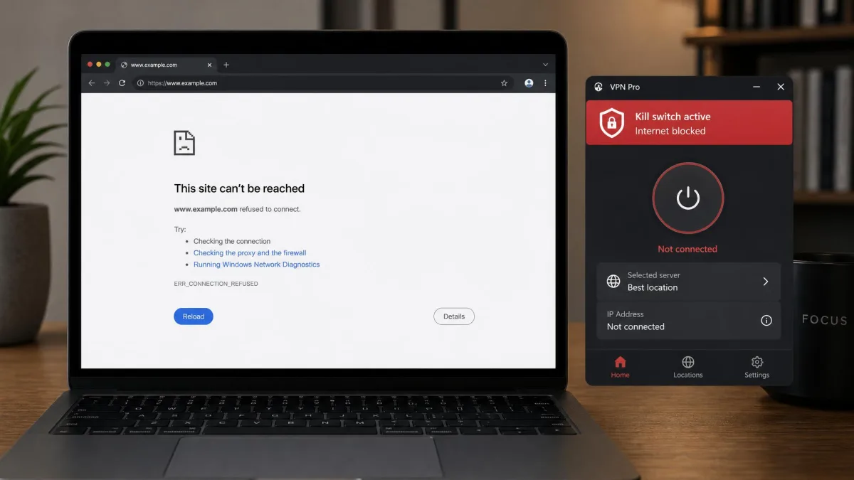 A laptop browser showing a connection-failed page while a VPN client window beside it displays a red "Kill switch active, internet blocked" status banner.