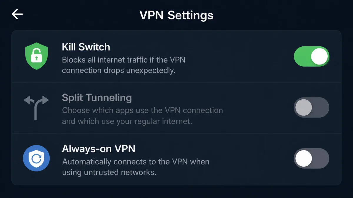 A VPN app settings screen with three labelled toggles visible, kill switch, split tunneling and always-on VPN, with the kill switch enabled and split tunneling greyed out.
