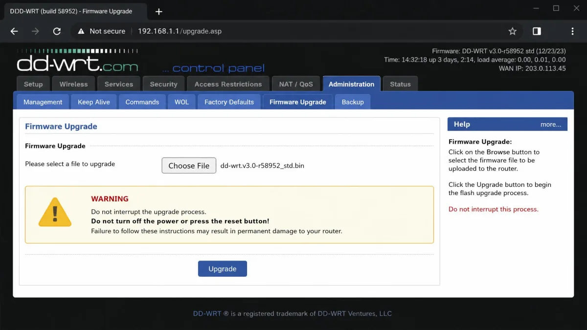 The DD-WRT firmware upgrade page in a browser with a build file selected and a warning message about not interrupting power during the flash.