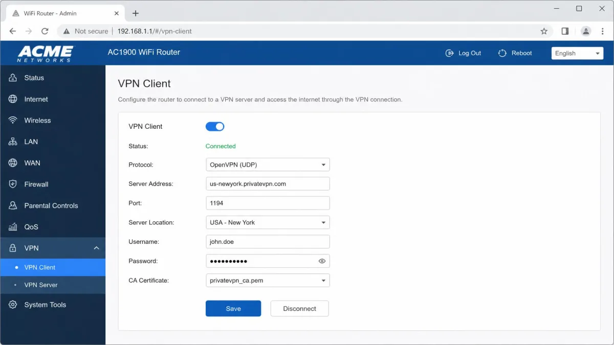 A router admin page open in a browser showing the VPN client configuration screen, with protocol, server location and credential fields filled in.