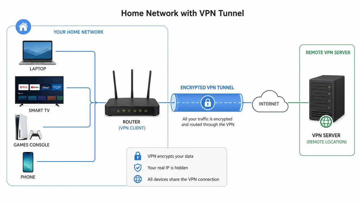 Diagram of a home network showing a router with an encrypted VPN tunnel to a remote server, with a laptop, smart TV, games console and phone all connected behind the router.