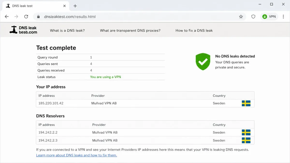 A browser showing DNS leak test results while a VPN is connected, listing only the VPN provider's resolver addresses and a public IP that matches the chosen server location.