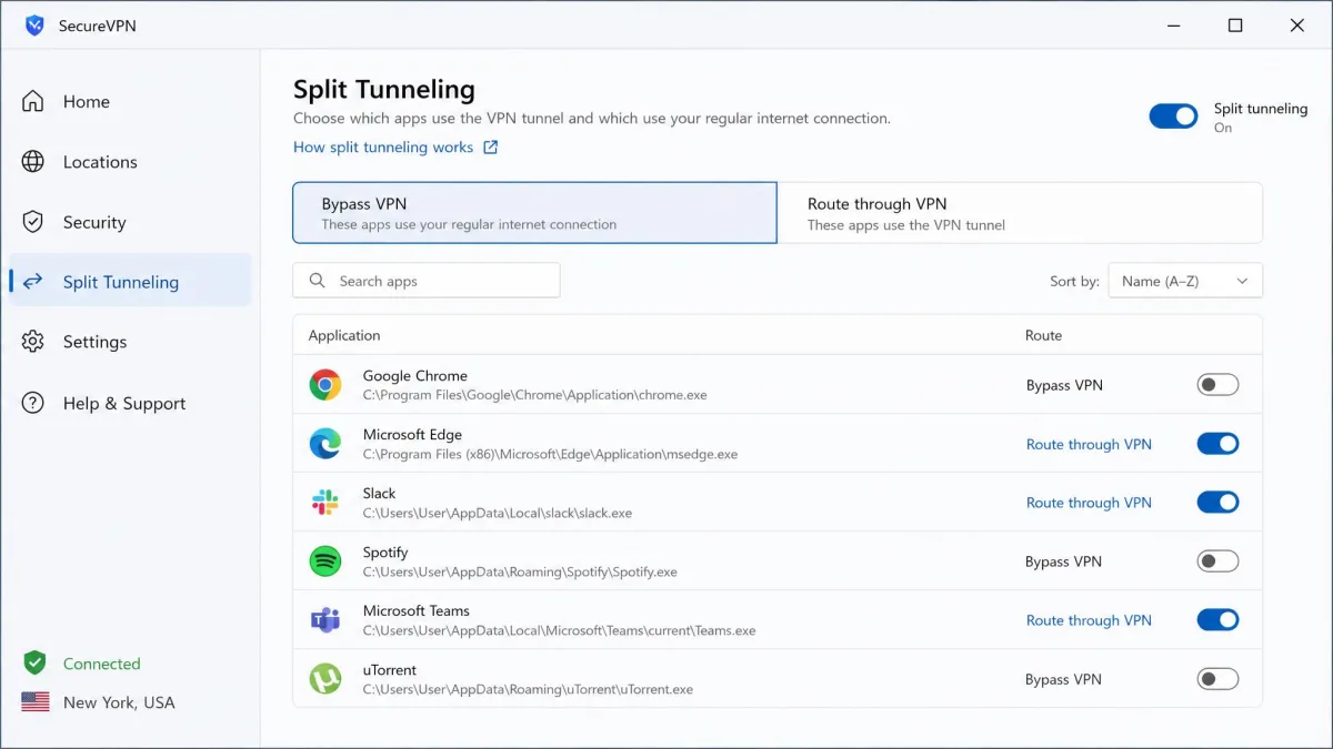 A VPN client's split tunneling settings screen on Windows showing a list of installed applications with toggles marking which ones route through the tunnel and which bypass it.