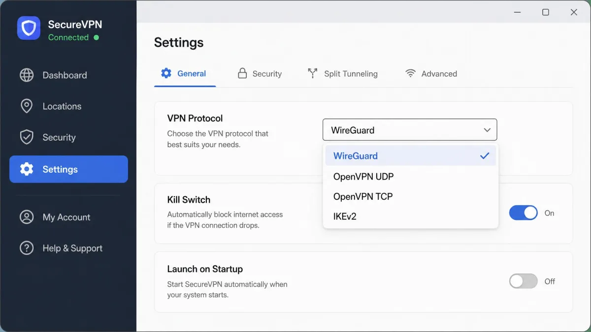 A VPN desktop client's settings panel with the protocol dropdown open, showing WireGuard, OpenVPN UDP, OpenVPN TCP and IKEv2 as selectable options alongside a kill switch toggle.