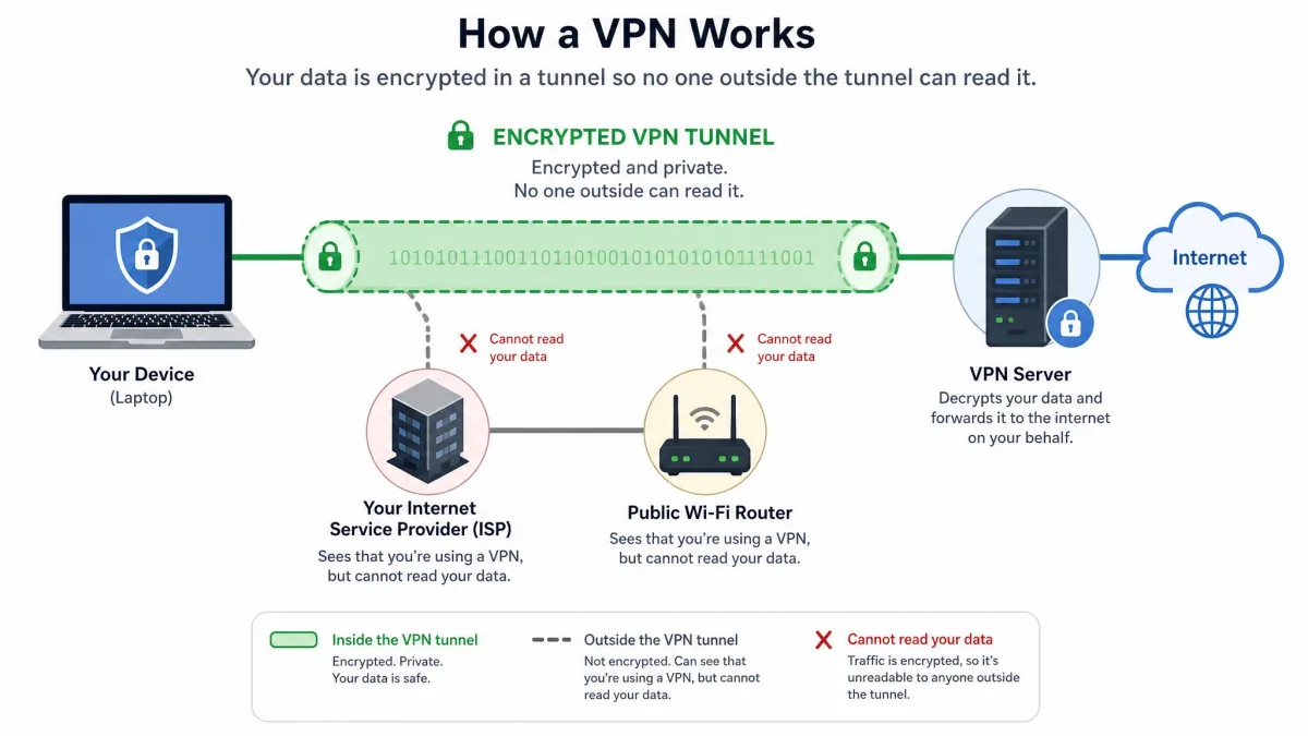 Diagram showing a laptop connected through an encrypted tunnel to a VPN server, with the internet provider and public Wi-Fi router sitting outside the tunnel and unable to read the traffic passing through it.