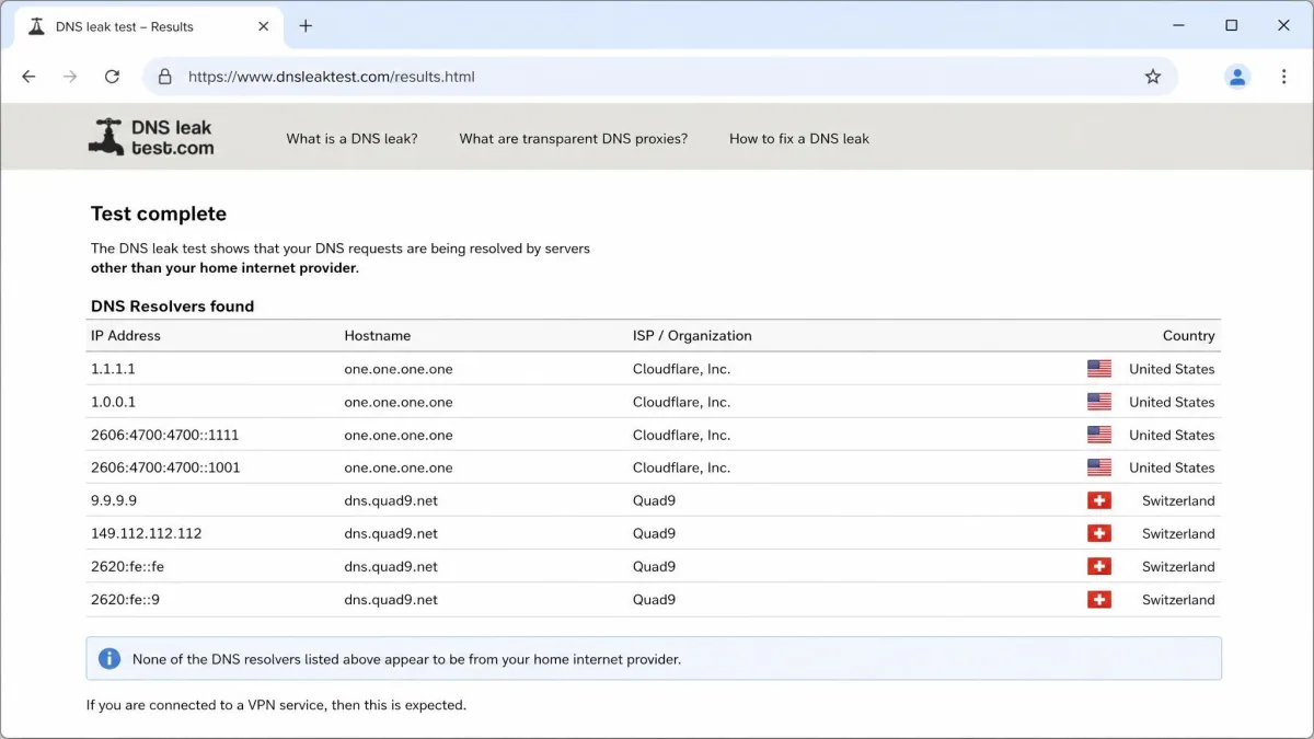 Browser window showing the results page of a DNS leak test with a list of resolver servers and their countries, none of them matching the user's home internet provider.