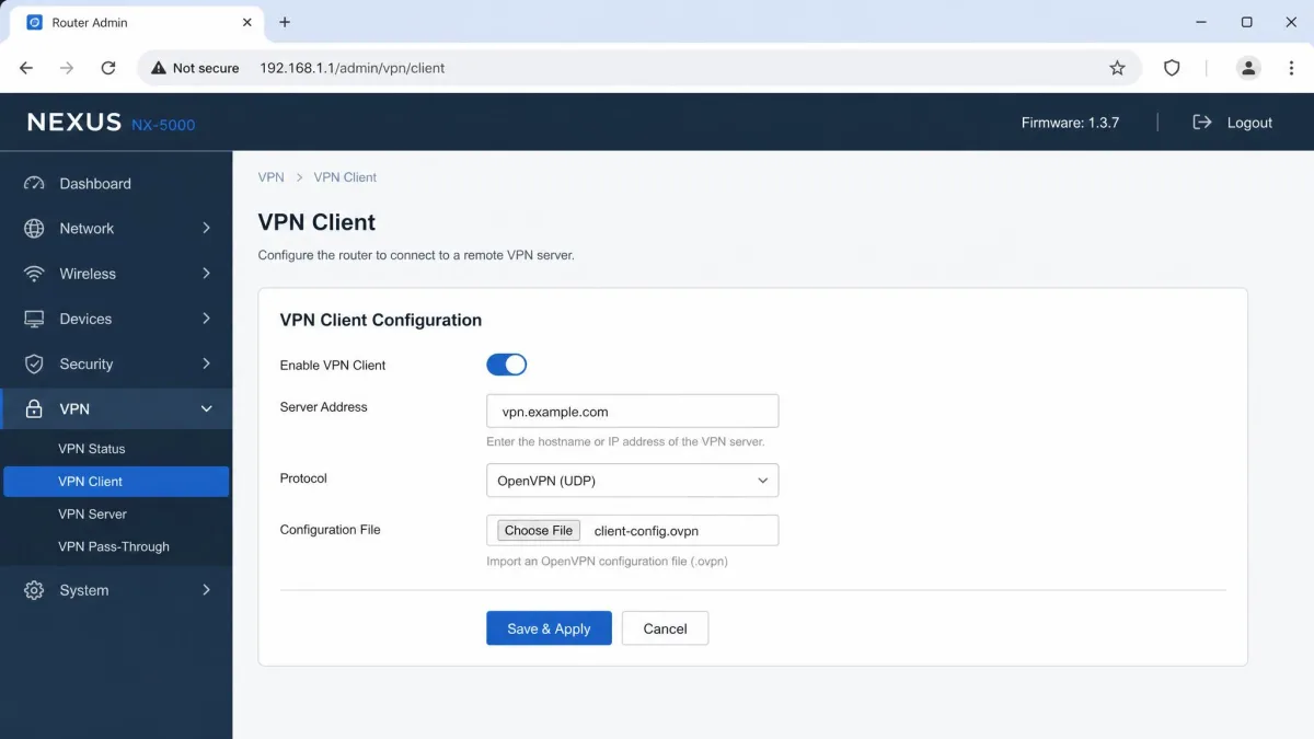 Router administration page open in a browser showing a VPN client configuration form with fields for the server address, protocol selection and imported configuration file.