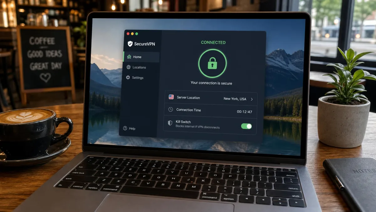 A laptop on a cafe table showing a VPN desktop app in its connected state, with the server location, connection time and kill-switch toggle visible in the app window.