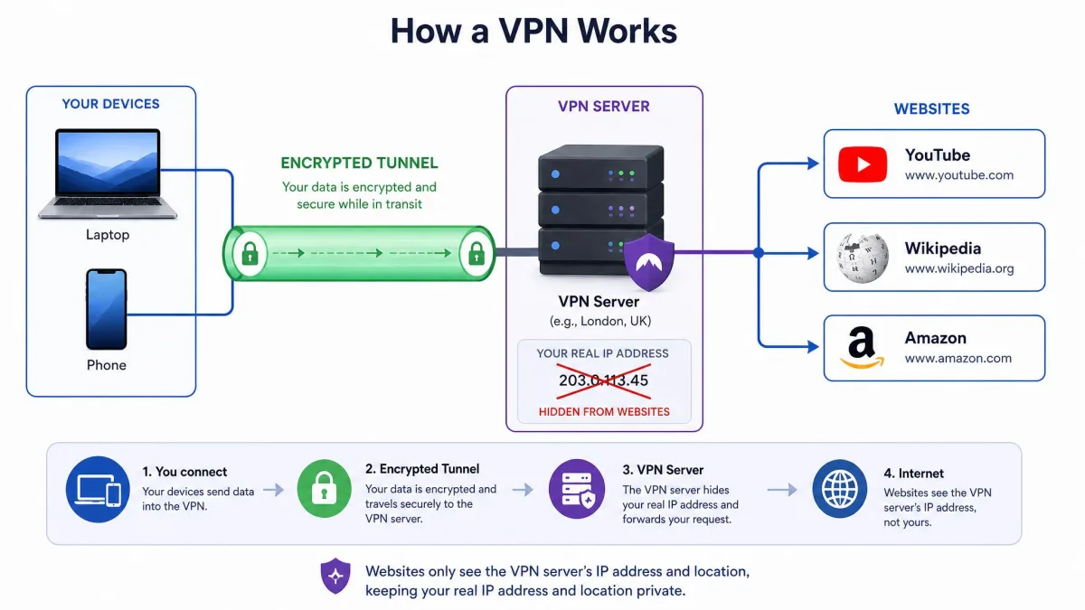Informative diagram showing a laptop and phone connecting through an encrypted tunnel to a labelled VPN server, which then connects out to three websites, with the user's real IP address crossed out at the server.
