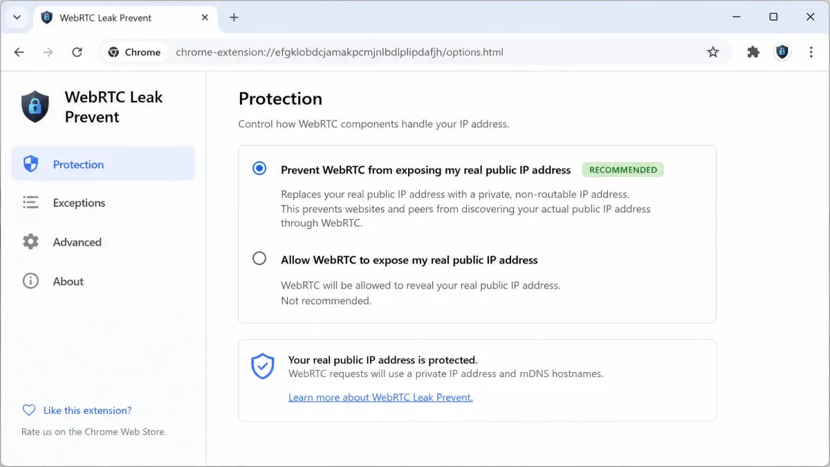 The WebRTC Leak Prevent extension options panel in Chrome, set to prevent the browser from exposing the user's real public IP address.