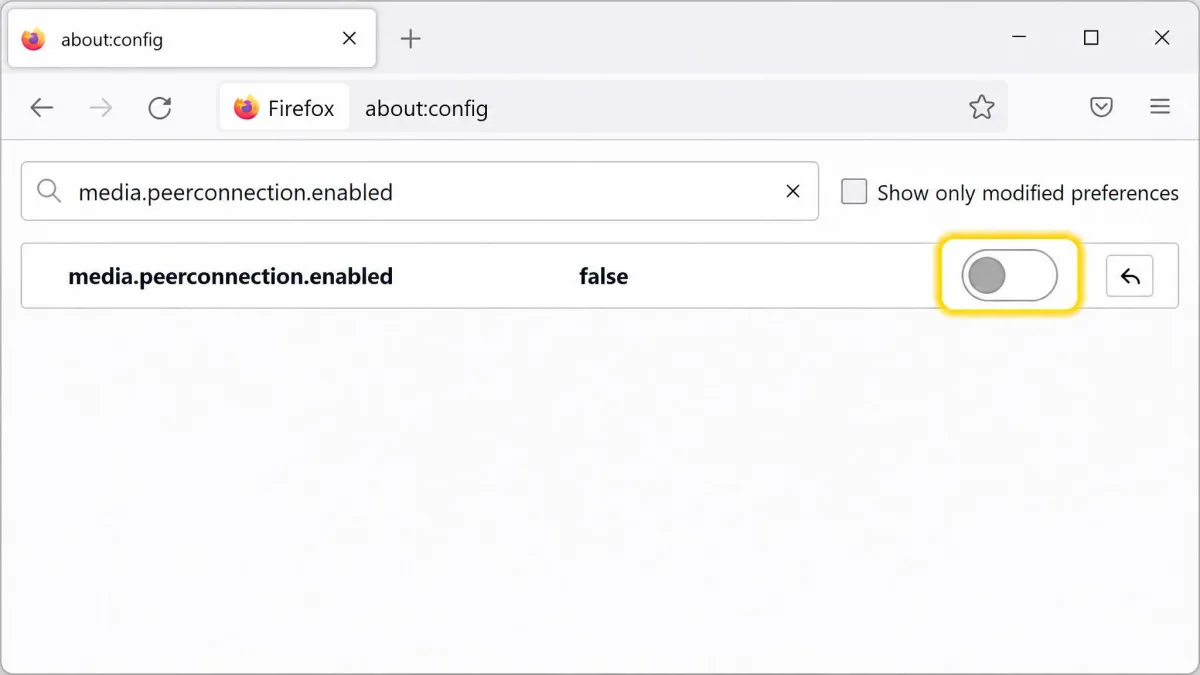 The Firefox about:config screen with media.peerconnection.enabled searched and its value set to false, highlighting the toggle control.