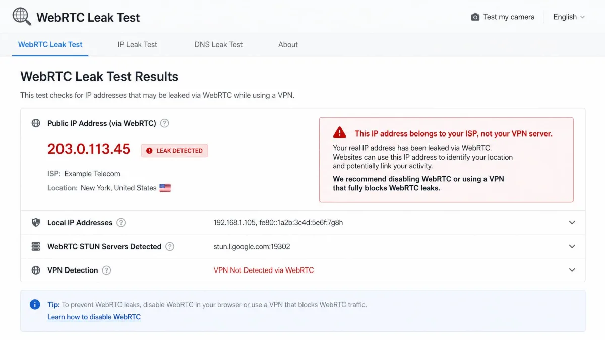 A WebRTC leak test results page showing a public IP address highlighted in red, with a note indicating it belongs to the user's ISP rather than the connected VPN server.