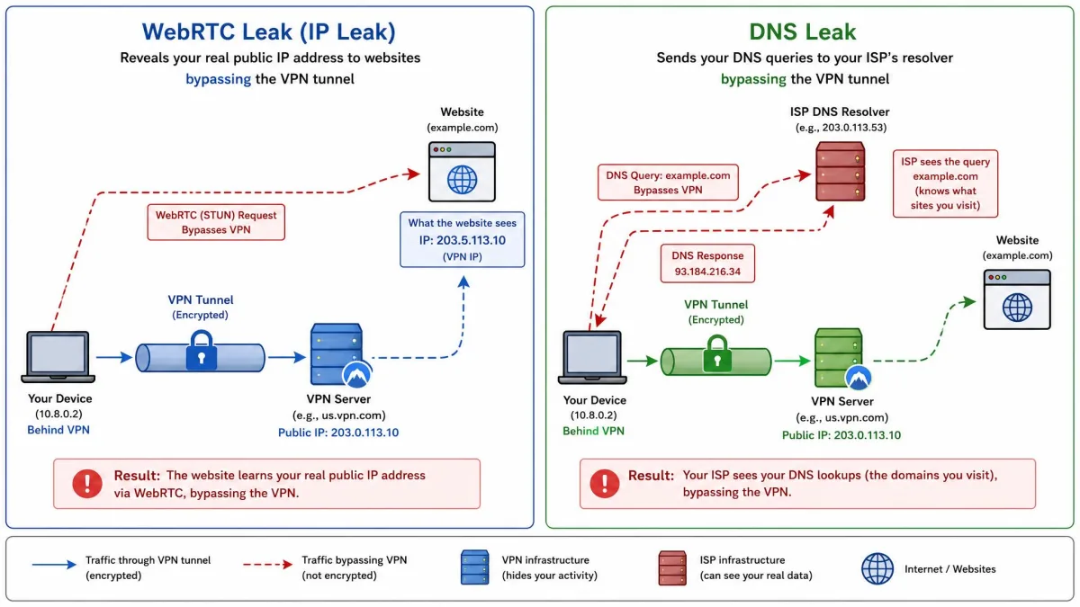 A side-by-side diagram contrasting a WebRTC leak exposing a public IP address to a website with a DNS leak sending domain lookups to an ISP resolver, both bypassing a VPN tunnel.