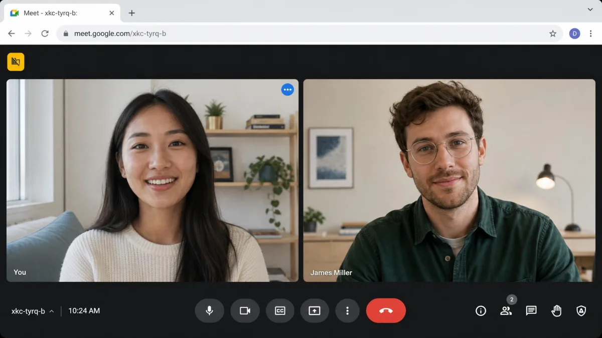 A browser-based video call running through WebRTC, showing two participants in a Google Meet-style window with the browser address bar visible above it.