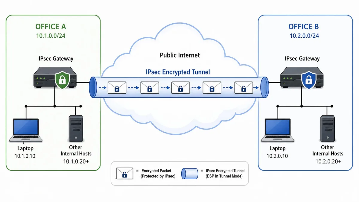 Network diagram showing two office sites connected across the public internet by an encrypted IPsec tunnel, with a laptop and gateway on each end and packets shown as sealed envelopes inside the tunnel.