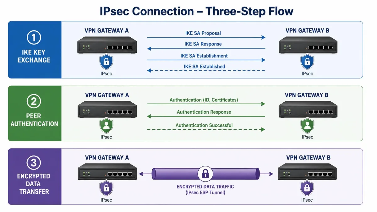 Three-step flow chart of an IPsec connection showing IKE key exchange first, then peer authentication, then encrypted data transfer, with arrows between two VPN gateways.